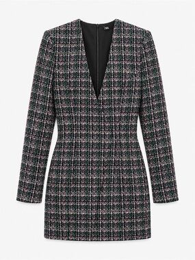 Zara Structured Metallic Tweed Mini Dress XS Black Pink Green Boucle V Neck